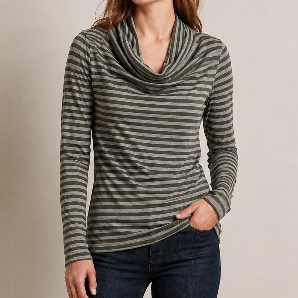 Ibex Grey Green Diana Striped Cowl‎ Neck Long Sleeve Merino Wool Size Small